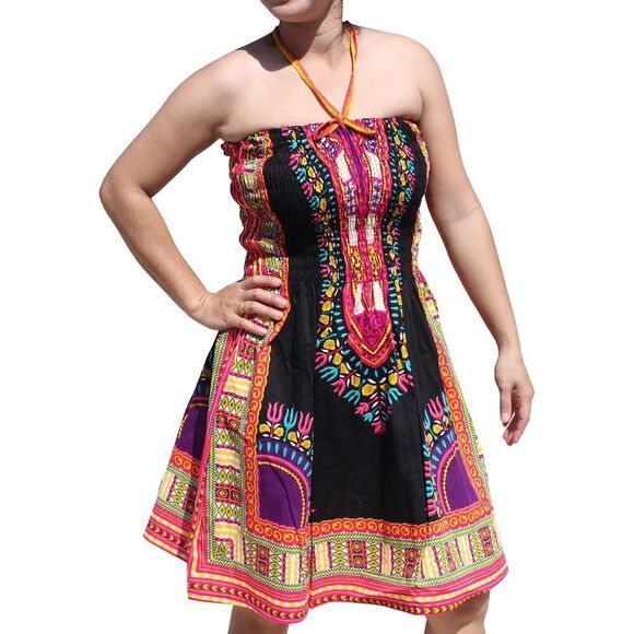 Raanpahmuang Smock Bust Open Shoulder Dashiki Colour Halter Strap Dress Or Skir - Picture 1 of 4
